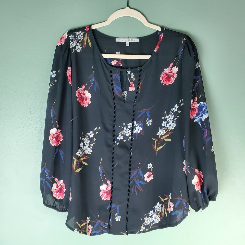Collective Concepts Womens Black Floral Warner Lattice Detail Blouse Size Large